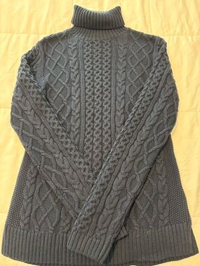 Lands' End Gray Cable Knit Turtleneck Sweater